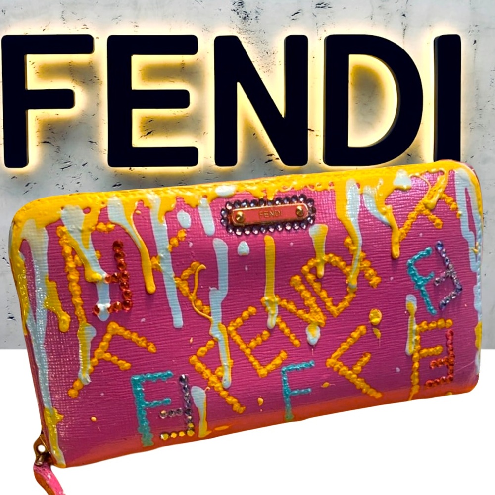 Fendi Authentic Graffiti & Crystals Zip-Around Long Wallet With Box